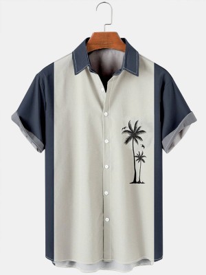 Men's Striped Coconut Print Loose Hawaiian Short Sleeve Shirt