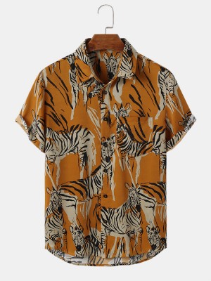 Mens Zebra Print Soft Chest Pocket Short Sleeve Shirts