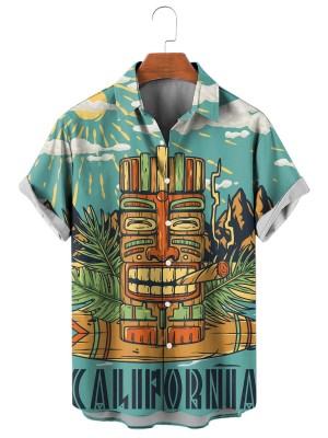 Men's Casual Vacation Tiki Mask Surf Picture Print Short Sleeve Shirt